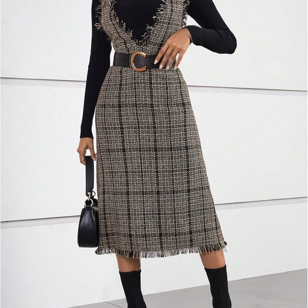 Women's Plaid Print Sleeveless V Neck Raw Trim Overall Dress Work Casual - Picture 3 of 4